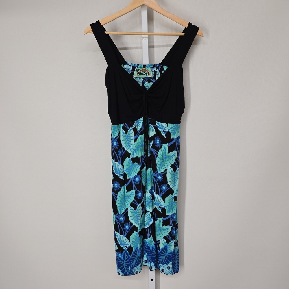 Rainbow Jo Tropical Floral Rayon Dress XL Black Blue‎ Green Leafy Summer Beach